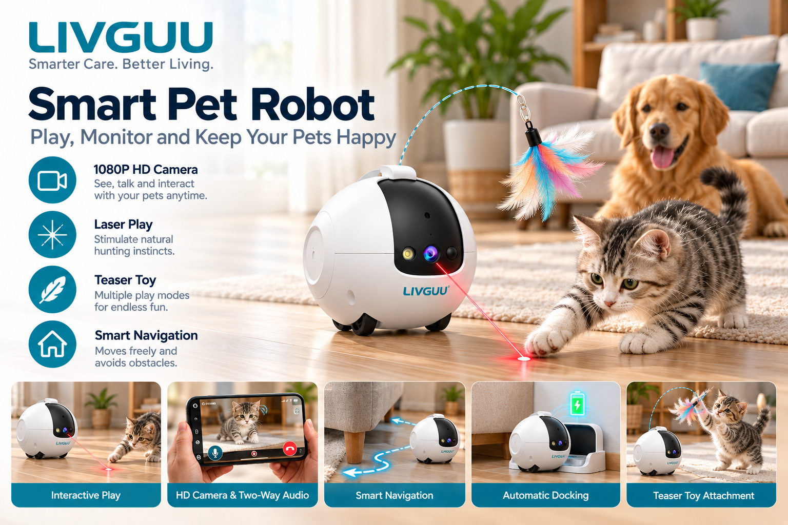 LIVGUU Smart Interactive Pet Robot for connected monitoring and play