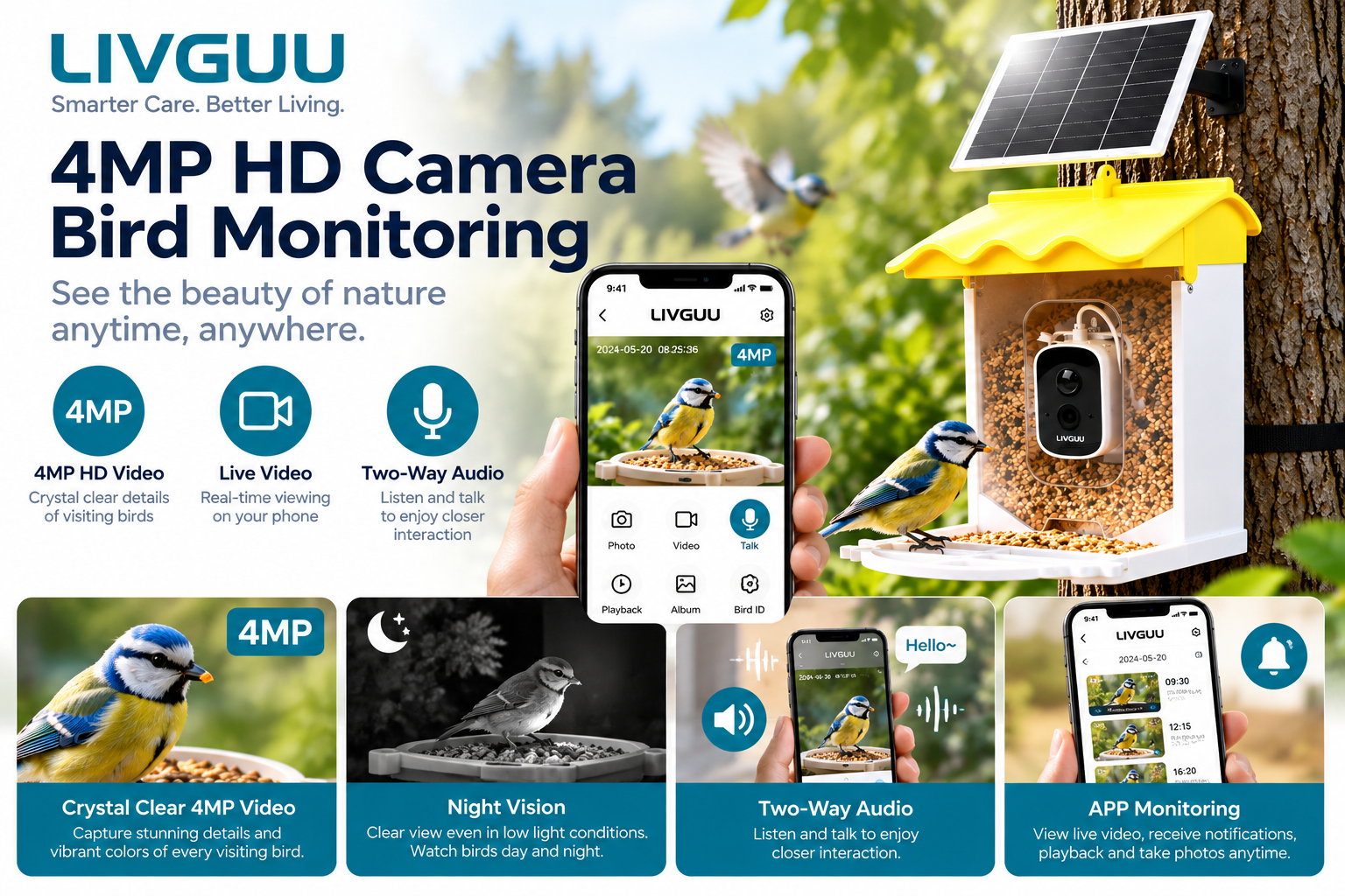 LIVGUU 4MP Smart Bird Feeder Camera with App Monitoring
