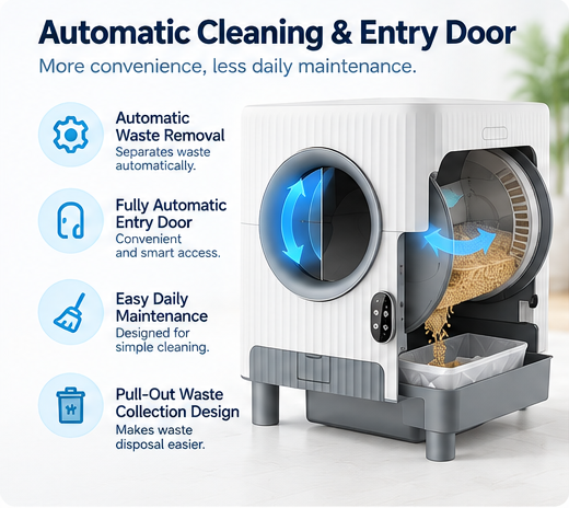 Automatic cleaning and entry door features of smart cat litter box