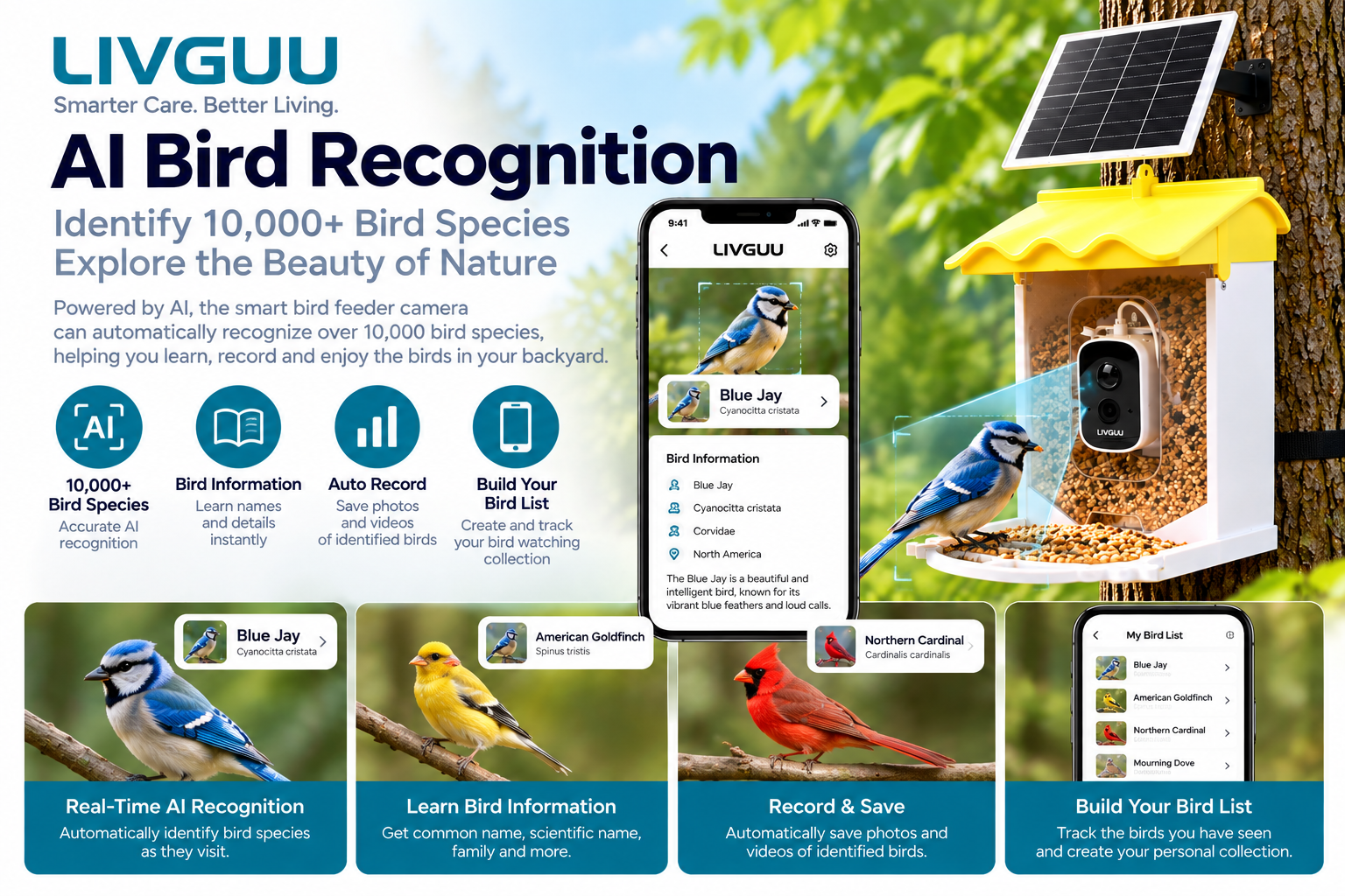 LIVGUU AI Bird Recognition Smart Bird Feeder Camera