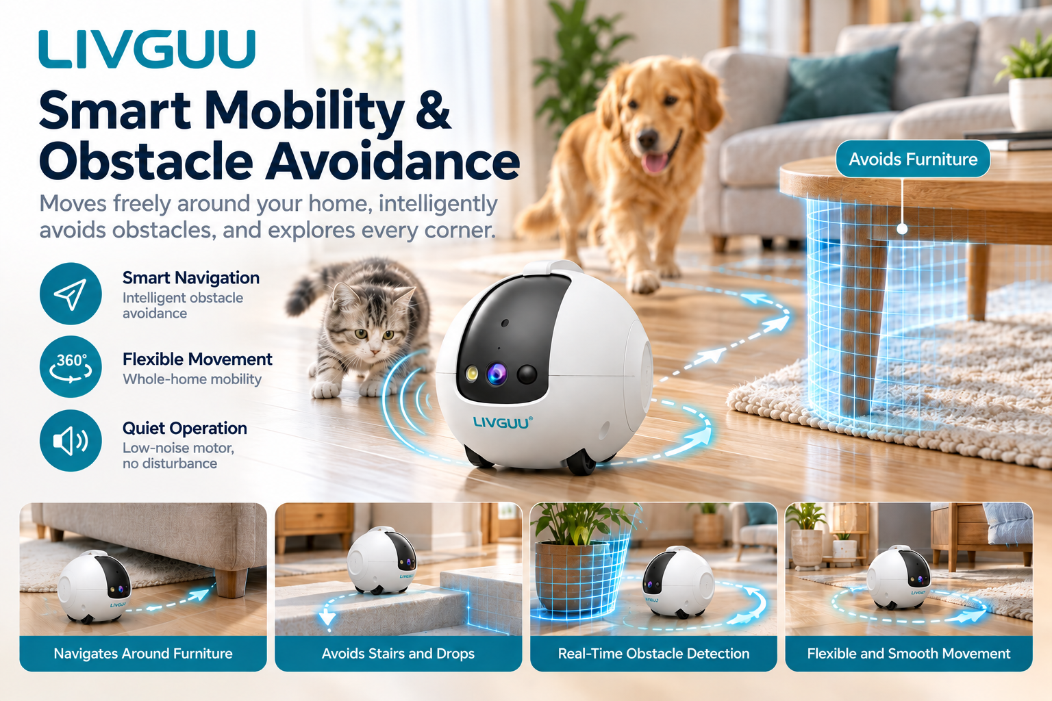 LIVGUU mobile smart pet robot for indoor monitoring and play