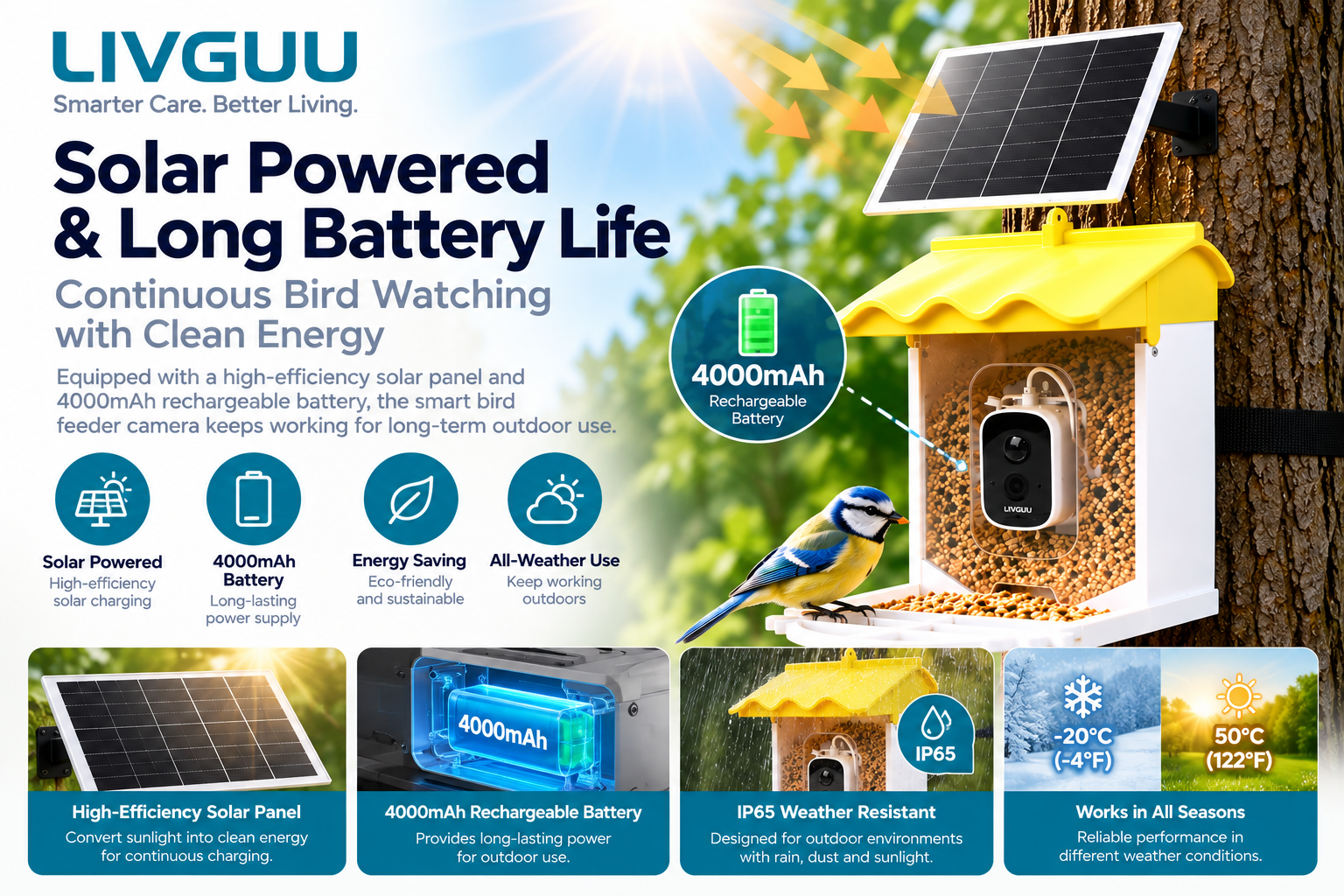 LIVGUU Solar Powered Smart Bird Feeder Camera