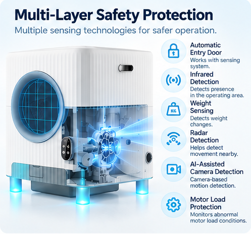 Multi-layer safety sensing protection for smart automatic cat litter box