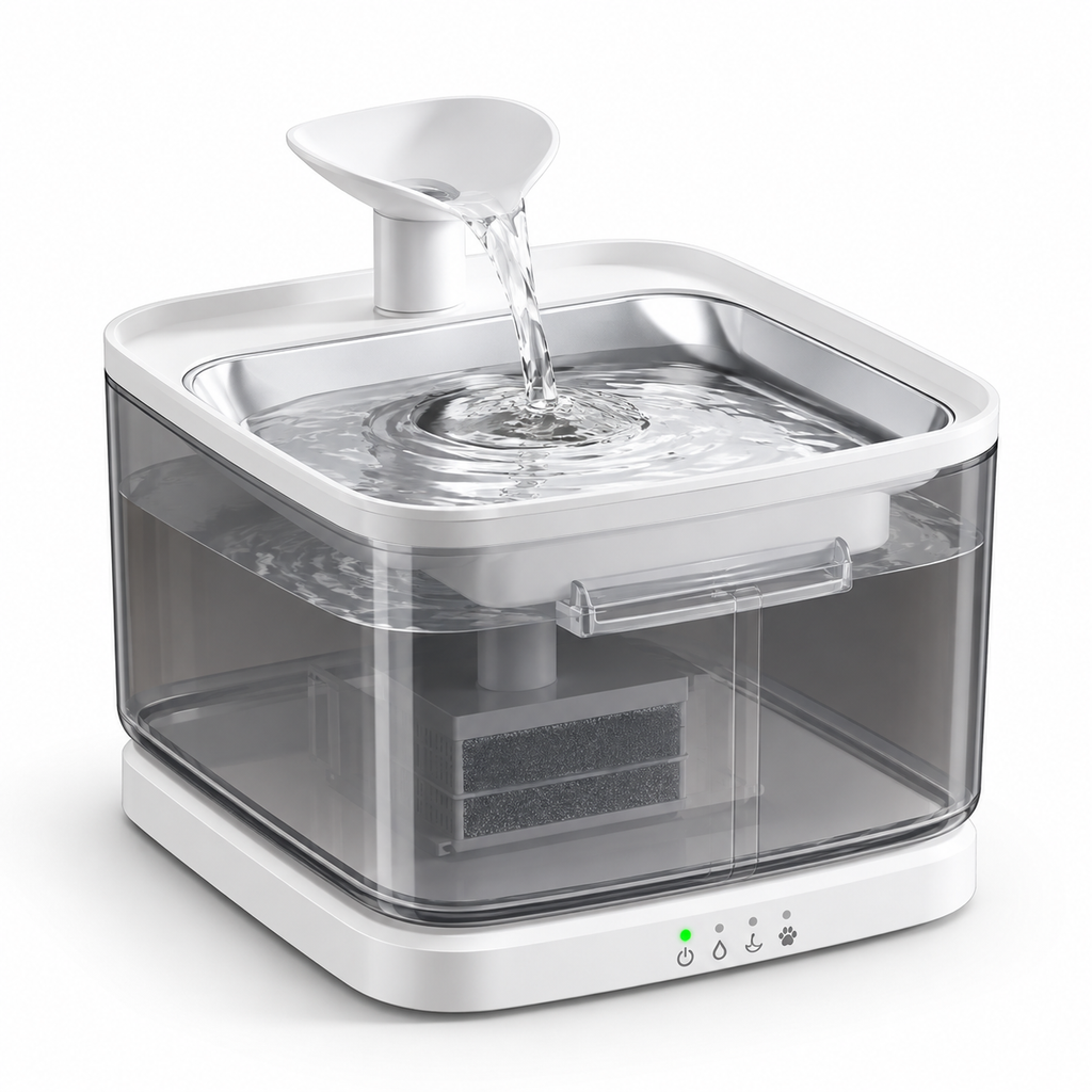 Smart pet water fountain with continuous flowing water and multi-stage filtration