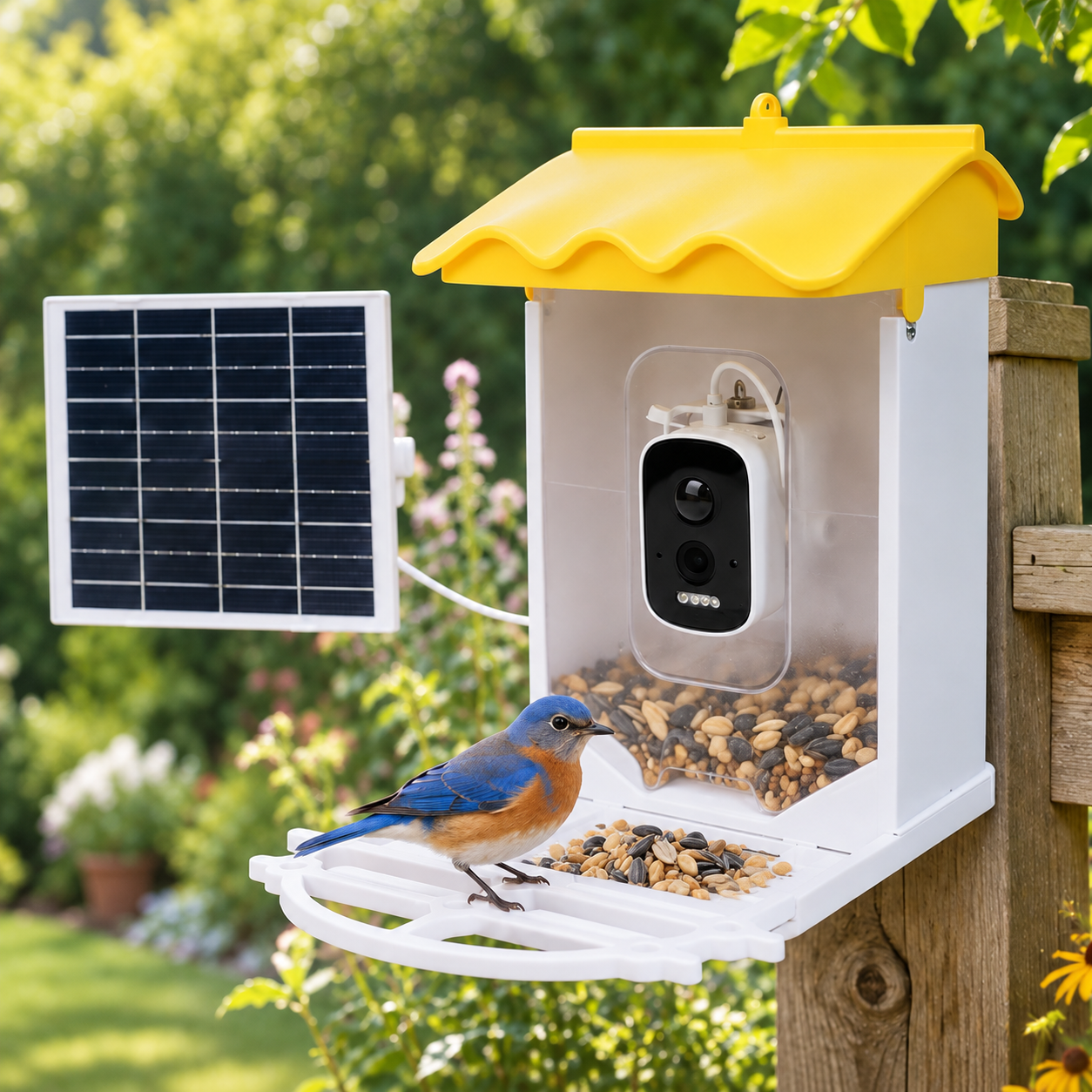 CQ002 smart bird feeder with camera, solar panel, bird and seed