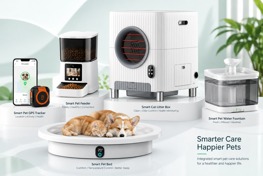 Smart pet care solutions featuring GPS tracker, automatic feeder, smart litter box, water fountain and temperature-controlled pet bed.